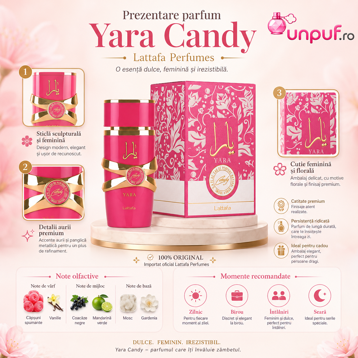 Parfum pentru femei Lattafa Yara Candy Eau de Parfum 100 ml, prezentare produs, flacon roz cu detalii aurii și cutie florală